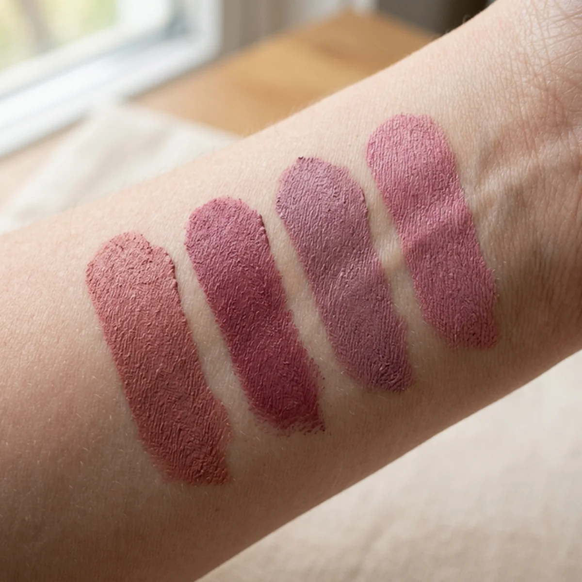 Soft Summer lipstick texture comparing satin, soft matte, and sheer tinted finishes