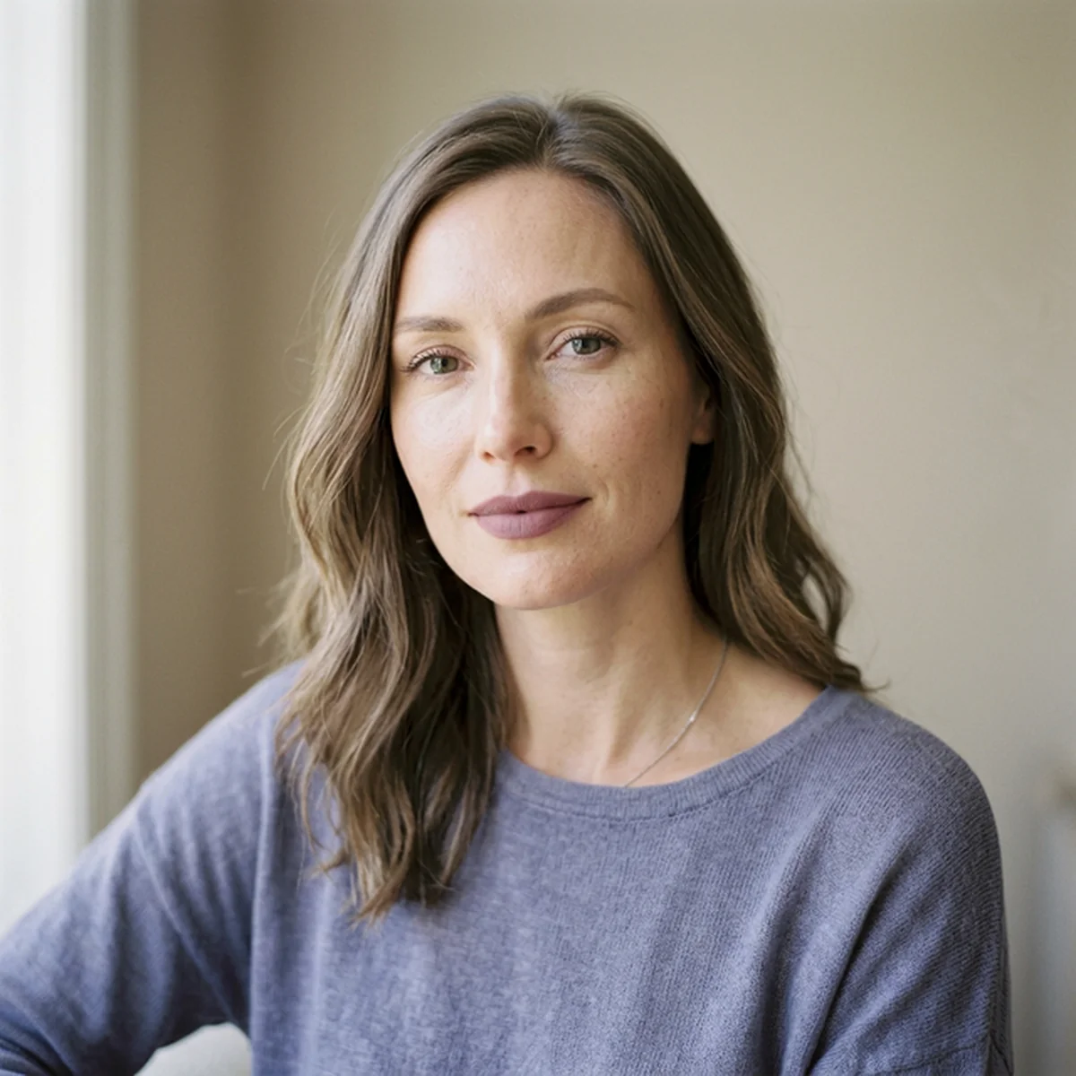 Soft Summer lifestyle beauty photo showing natural, softly diffused lipstick application