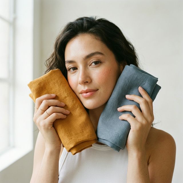 A beauty editorial image of a woman comparing warm and cool colored fabrics near her face
