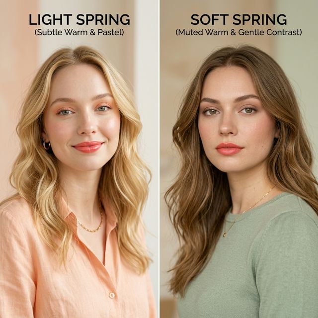 A split beauty editorial image comparing Light Spring vs Soft Spring features