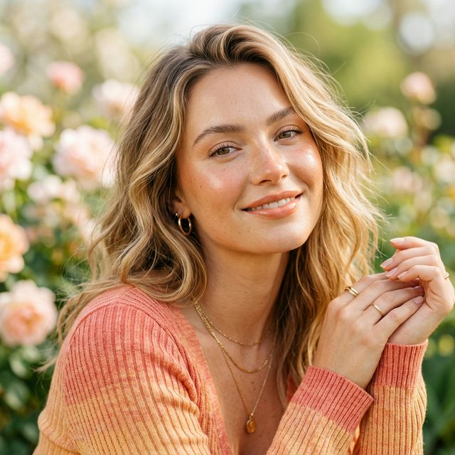 A bright warm spring beauty editorial image of a woman with glowing skin wearing coral and peach tones