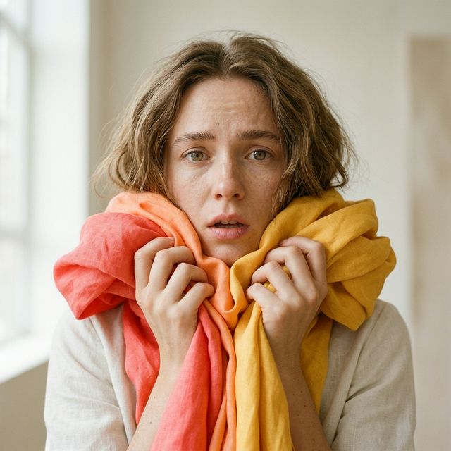 A beauty editorial image of a woman holding bright spring colored fabrics near her face, looking slightly overwhelmed.