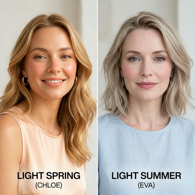 A split beauty editorial image comparing Light Spring and Light Summer aesthetics.