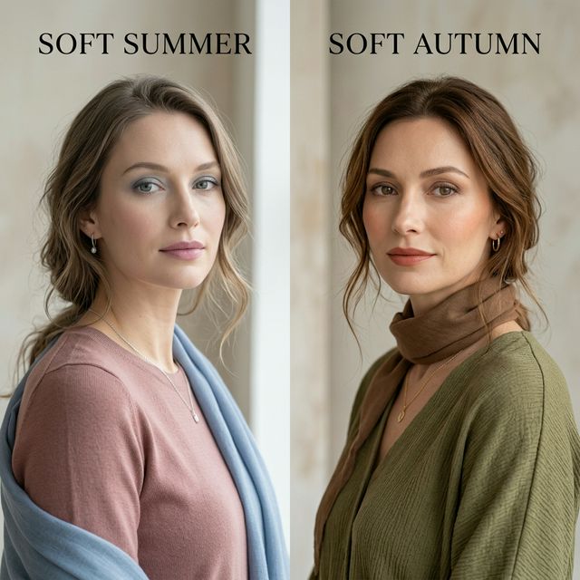 A split beauty editorial image comparing Soft Summer and Soft Autumn aesthetics.