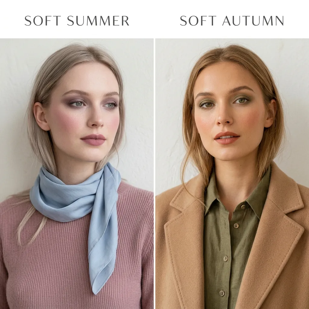 A split beauty editorial image comparing two women, one representing Soft Summer with cool muted tones and the other representing Soft Autumn with warm muted tones