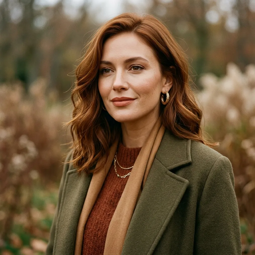 A beauty editorial of a woman representing True Autumn, wearing warm rich earthy tones like rust, olive, camel, and deep brown