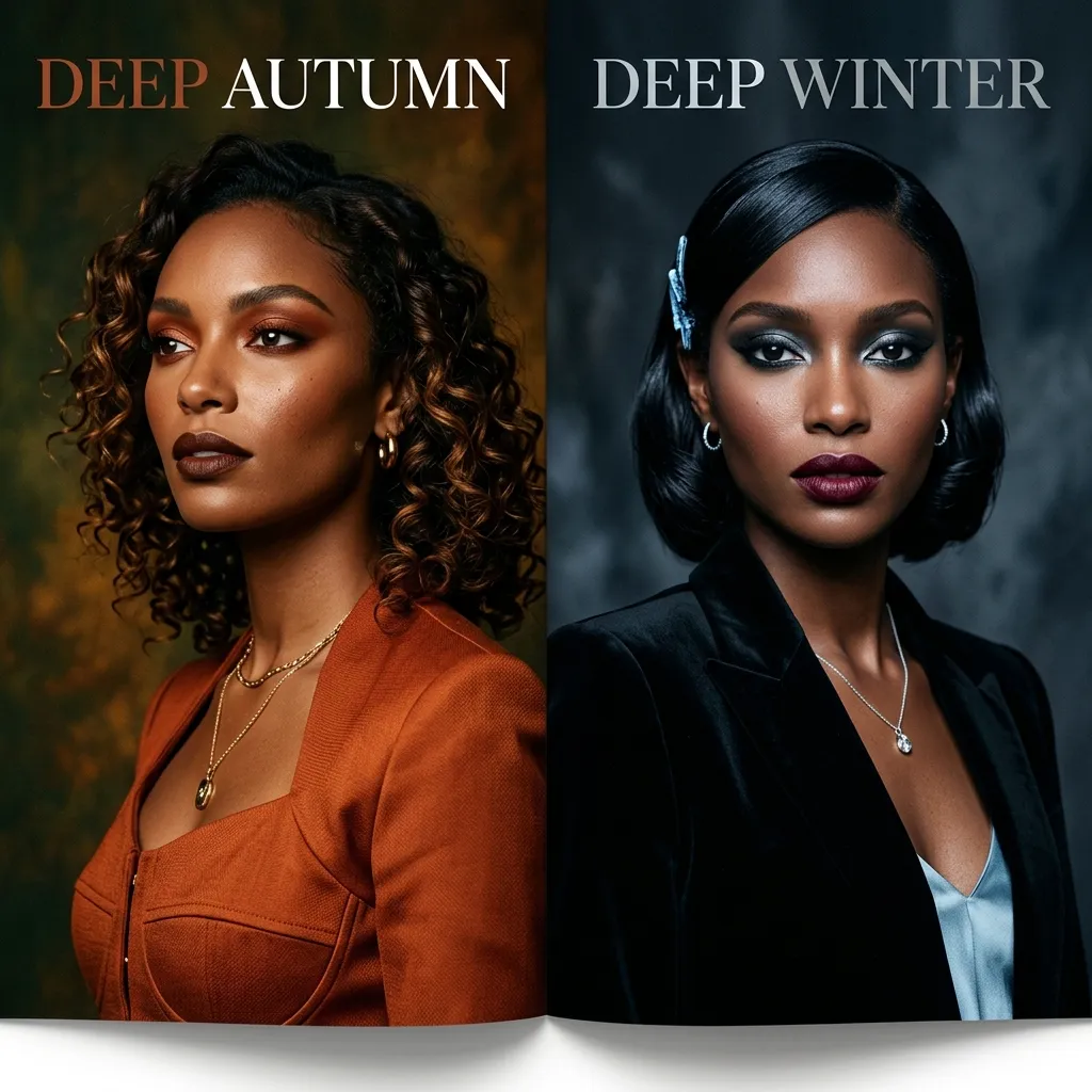 A split beauty editorial image comparing two women, one representing Deep Autumn with warm rich tones and the other representing Deep Winter with cool deep tones