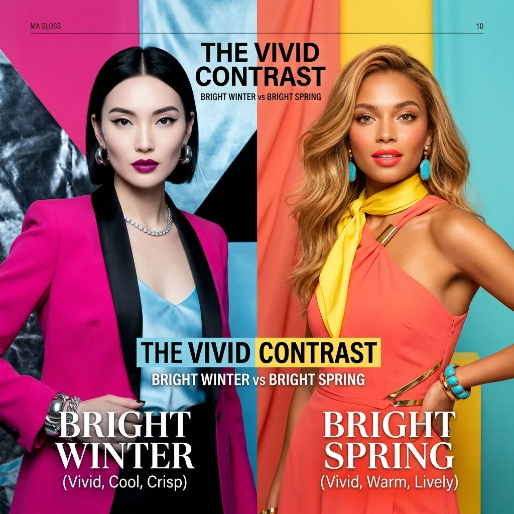 A split beauty editorial image comparing two women, one representing Bright Winter with cool vivid tones and the other representing Bright Spring with warm vivid tones