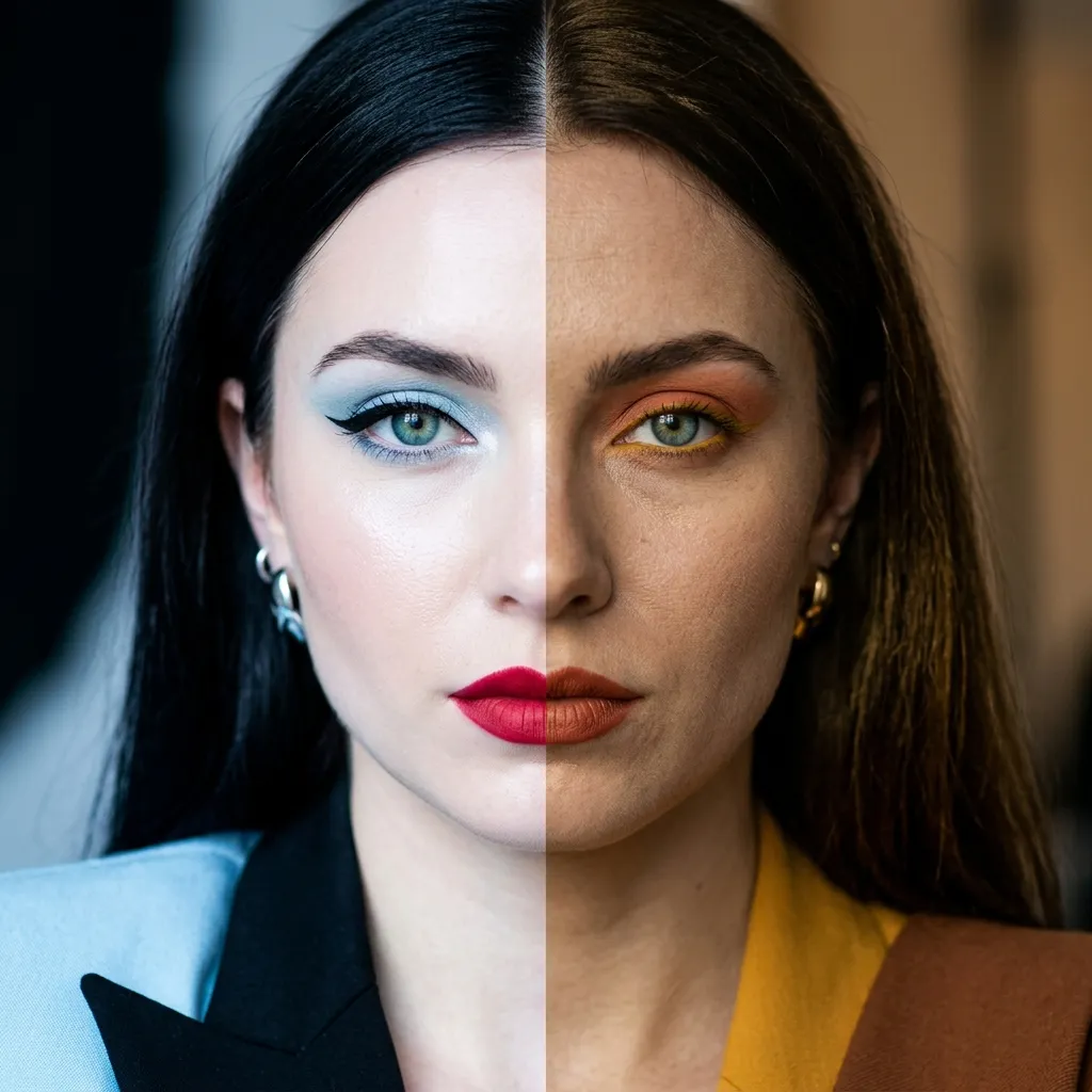 A beauty editorial image of a woman with a True Winter look wearing cool tones compared to warm tones