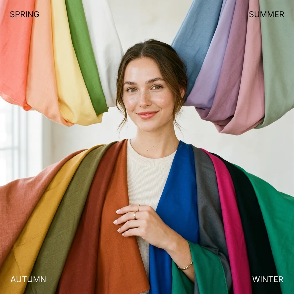 A clean beauty editorial showing a woman surrounded by different seasonal color palettes