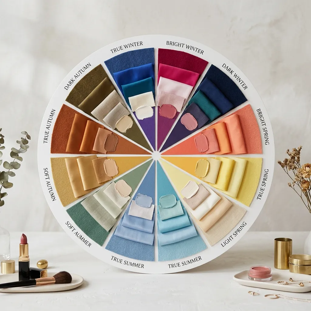 A modern beauty editorial showing a circular color wheel divided into 12 seasonal color palettes