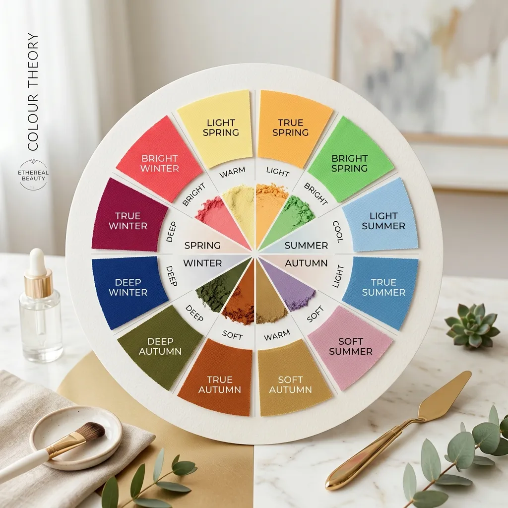 A premium beauty editorial showing a complete 12 seasonal color palette layout arranged in a circular format