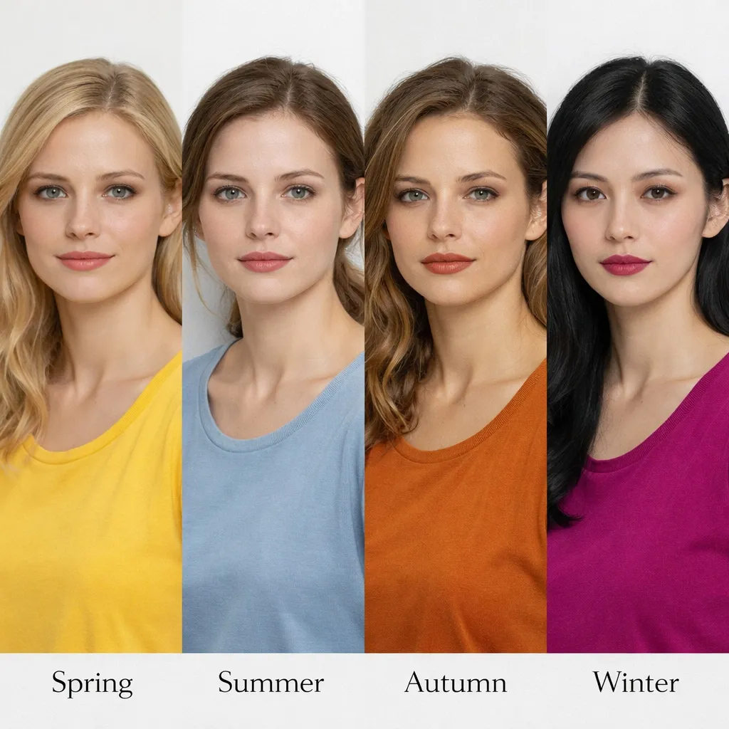 A beauty editorial featuring four models representing Spring, Summer, Autumn, and Winter color seasons, each styled in their best color palette