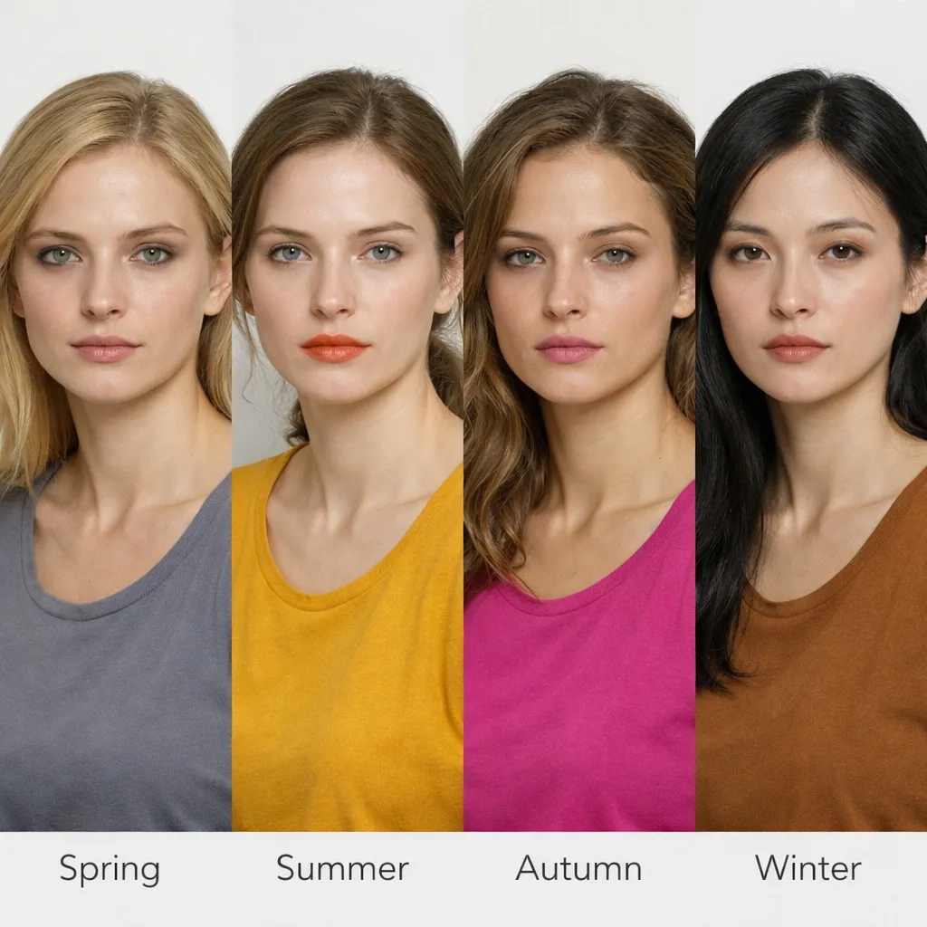A beauty editorial showing four models representing Spring, Summer, Autumn, and Winter wearing unflattering colors for their season