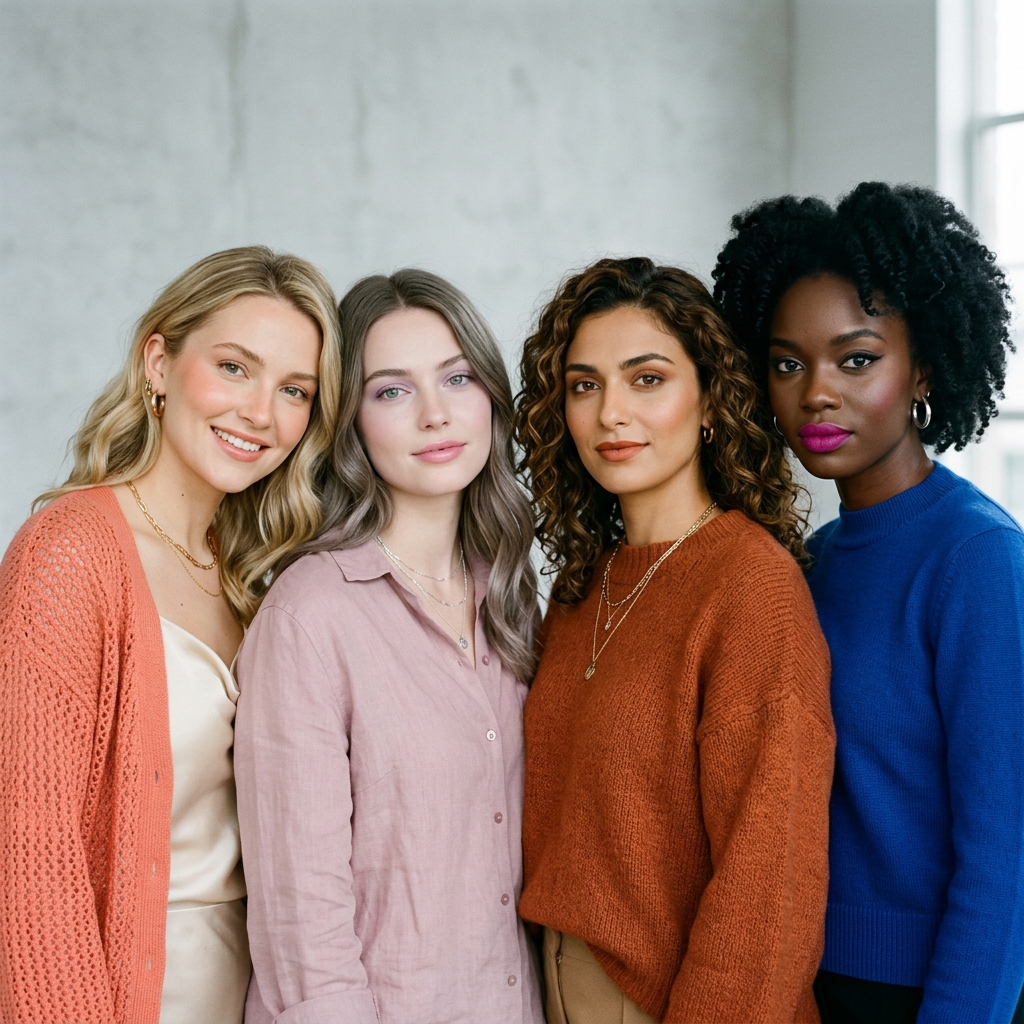 Four models representing the seasonal color types with modern styling