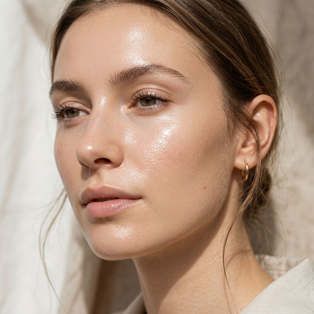 Close up of dewy glass skin with a radiant sunscreen glow, modern beauty editorial style
