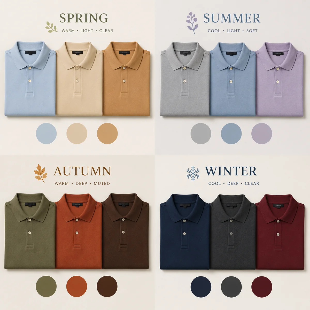 Men's polo shirts arranged by Spring, Summer, Autumn, and Winter personal color seasons