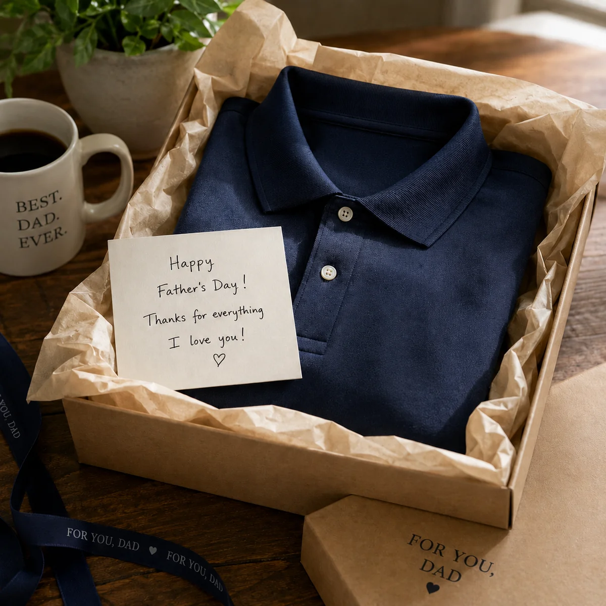 Father's Day gift box with a folded navy polo shirt and a handwritten card