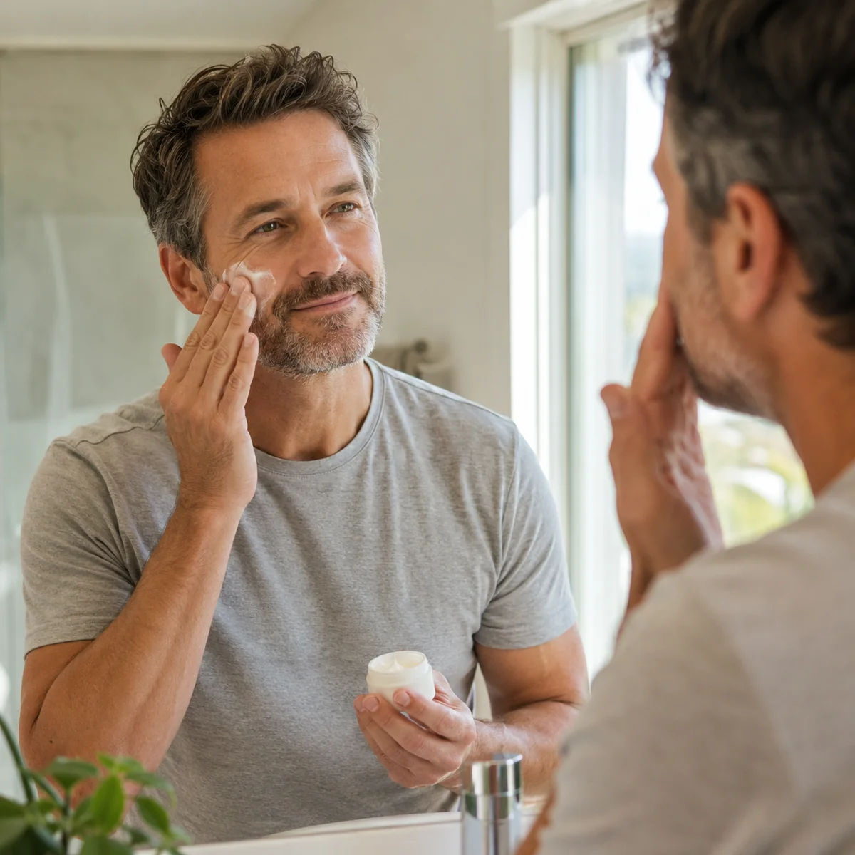 Middle-aged father applying moisturizer at a bright bathroom mirror during his simple morning routine
