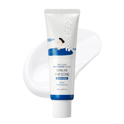 Round Lab Birch Juice Moisturizing Sun Cream tube on a cream texture background
