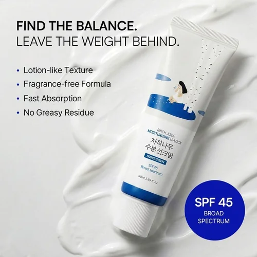 Round Lab sunscreen highlights: lotion-like texture, fragrance-free, SPF 45