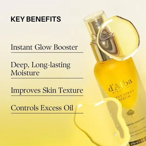 d'Alba spray serum key benefits including instant glow and long-lasting moisture
