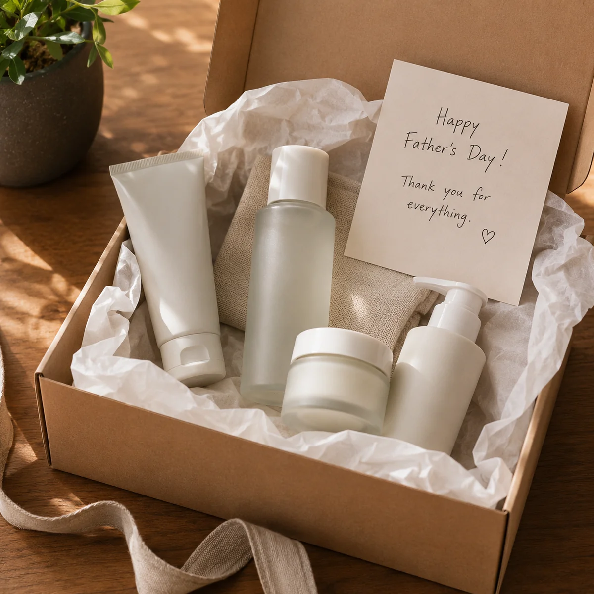 Father's Day gift box with unbranded skincare products, tissue paper and a handwritten card on a wooden table