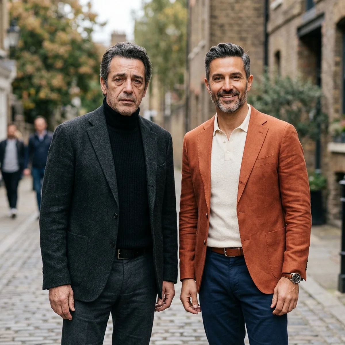 Two men in their 50s showing how the right vs wrong colors for their undertone make them look younger or older