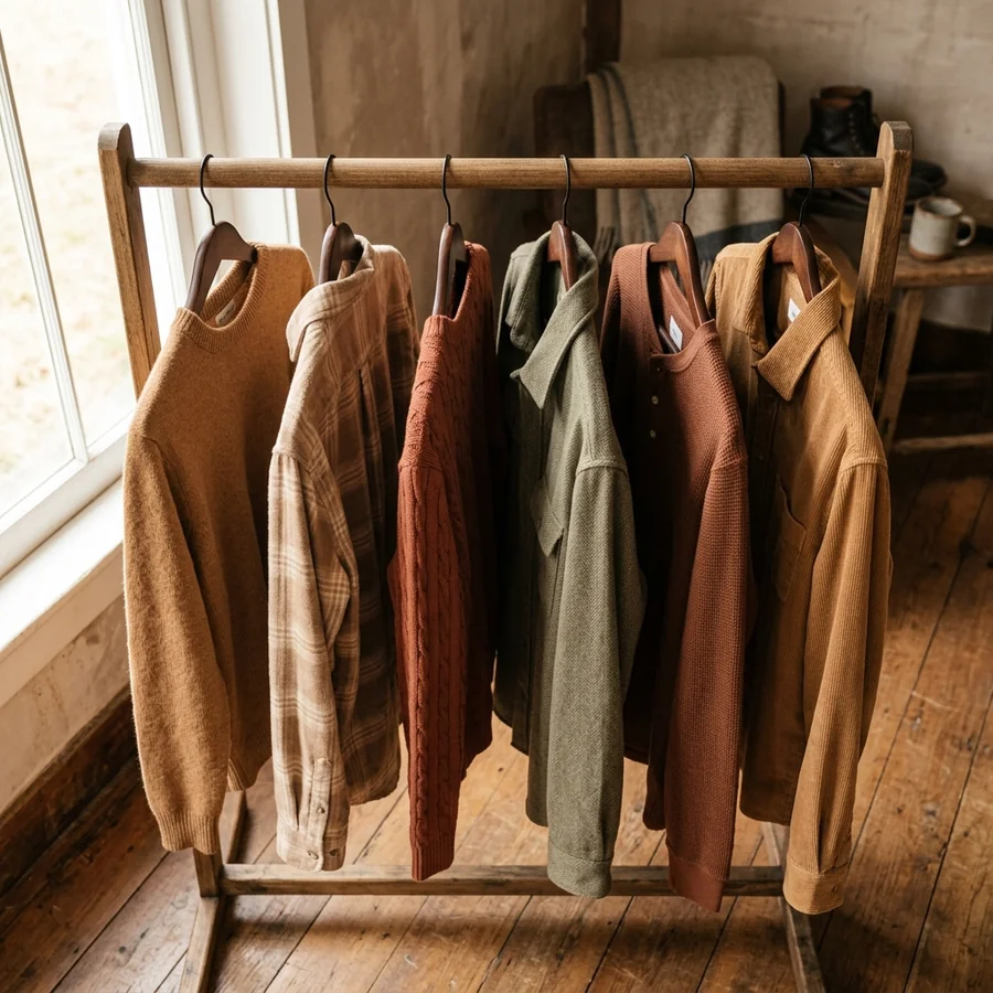 Warm-toned men's shirt and sweater colors: camel, warm beige, terracotta, dusty olive