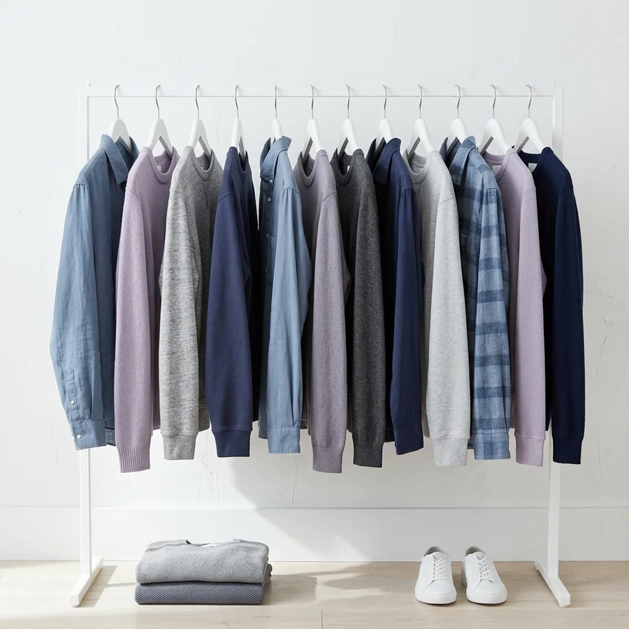 Cool-toned men's shirt and sweater colors: dusty blue, soft navy, cool gray, soft lavender