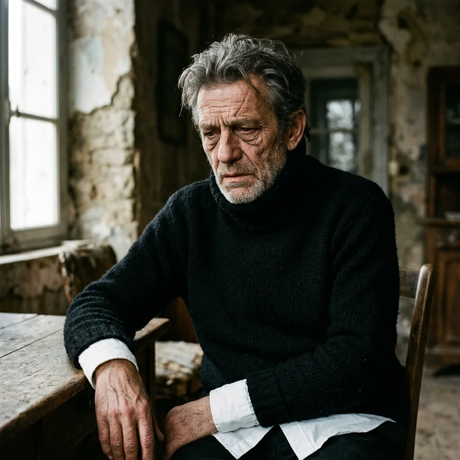 A man in his 50s wearing a harsh black and white combination that creates heavy shadows and looks aging