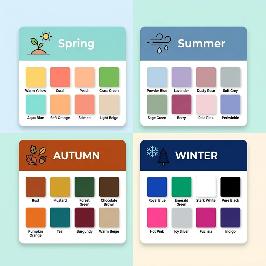Personal color season chart showing Spring, Summer, Autumn, and Winter men's color palettes