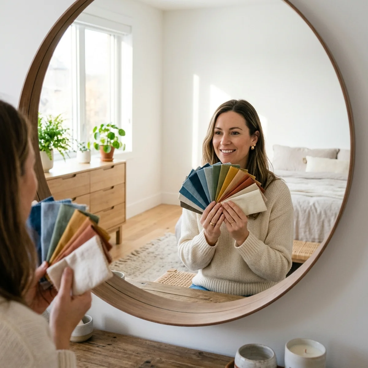 Woman holding color fabric swatches near her face in natural light to test her personal color season