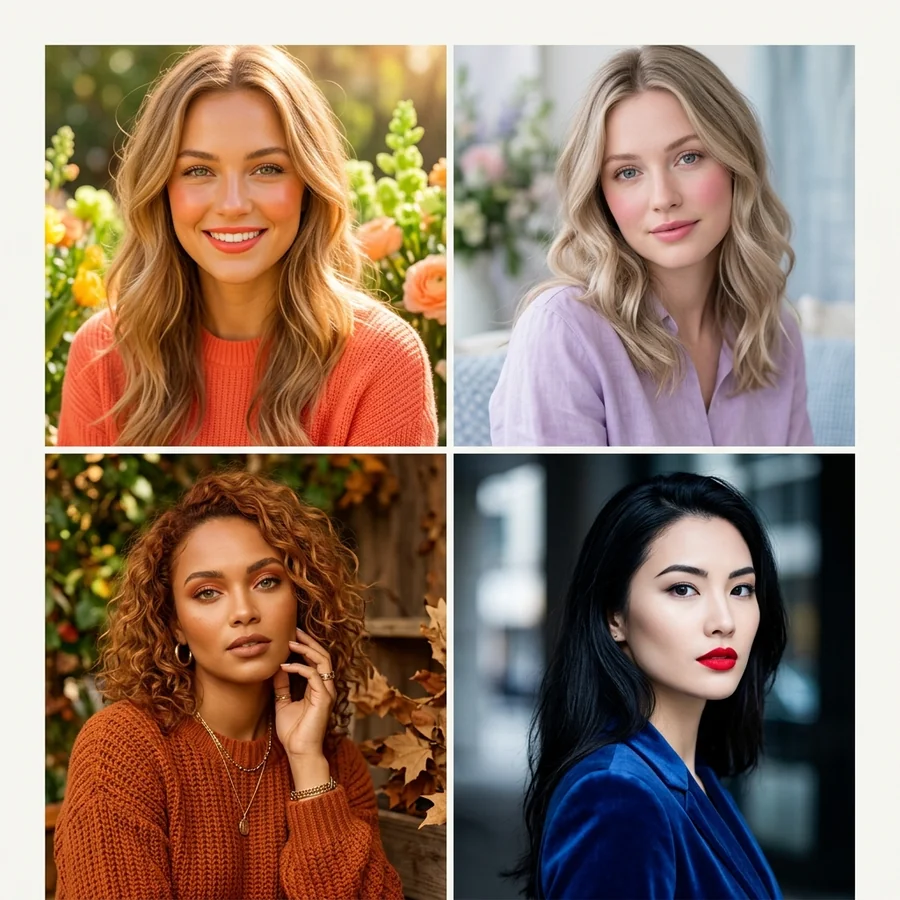 Four women representing Spring, Summer, Autumn, and Winter personal color seasons in their most flattering colors