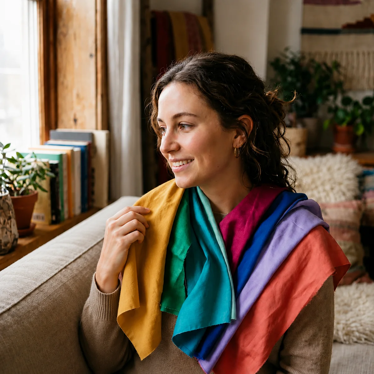 Woman testing how different fabric colors reflect on her skin in natural light