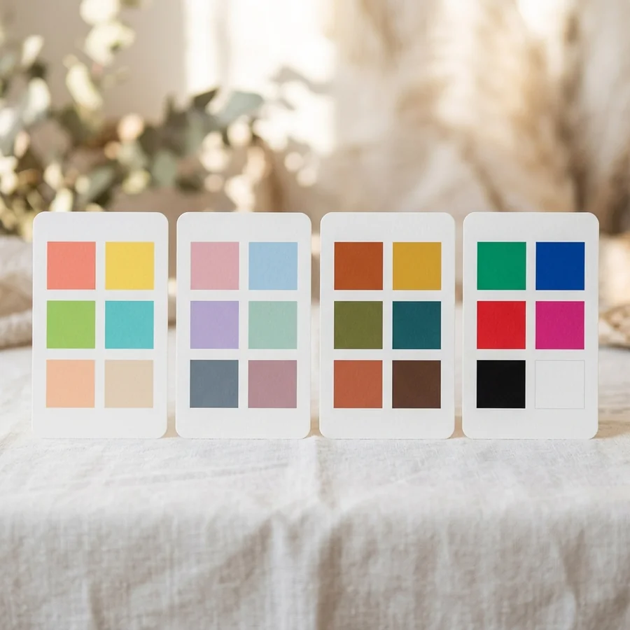 Four personal color season palette cards showing Spring Summer Autumn Winter colors
