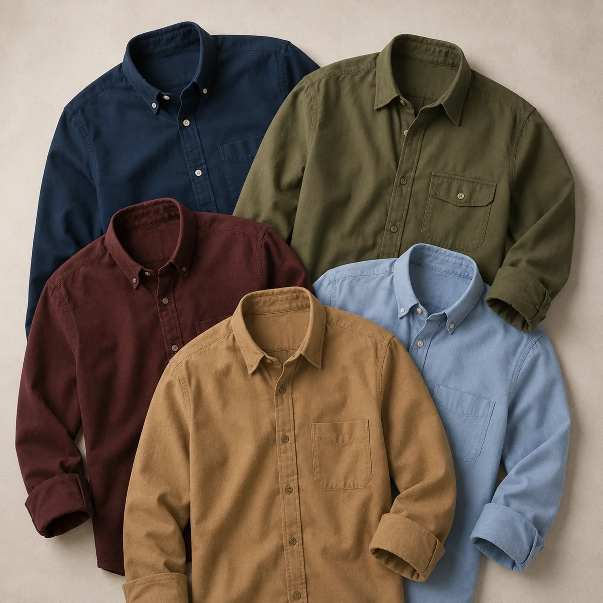 Flat lay of five men's shirts in navy, olive green, burgundy, camel and light blue