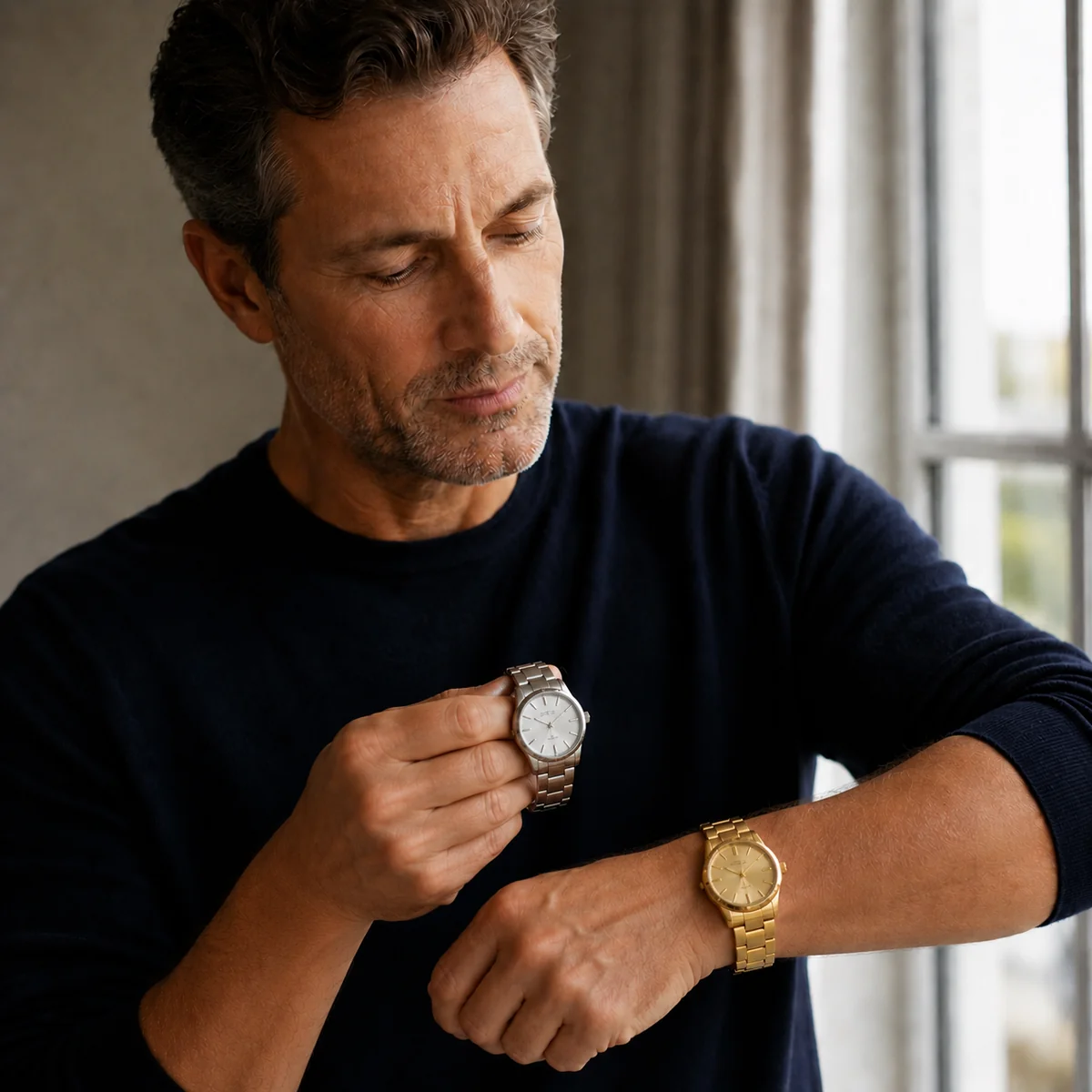 Middle-aged man comparing a silver watch and a gold watch against his wrist in natural window light