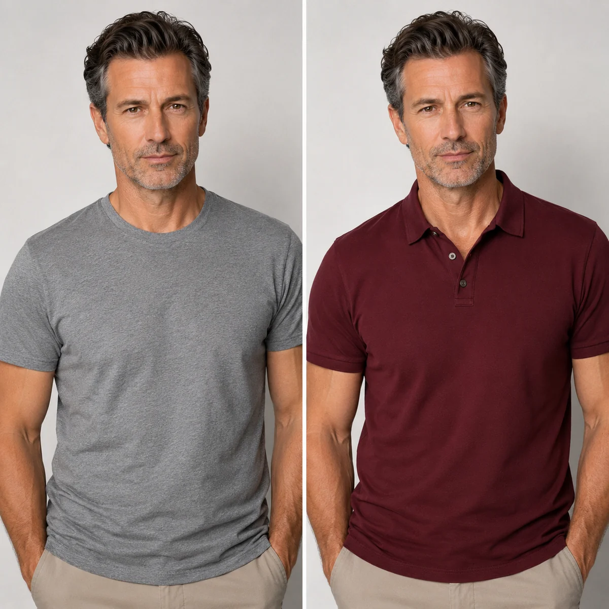 Side-by-side comparison of a man in a flat gray t-shirt versus a burgundy polo with a brighter complexion