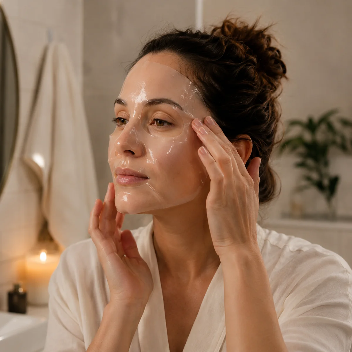 Woman applying a transparent hydrogel collagen mask during her calm evening skincare routine