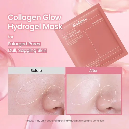 Before and after comparison showing smoother-looking pores after using the Biodance collagen mask