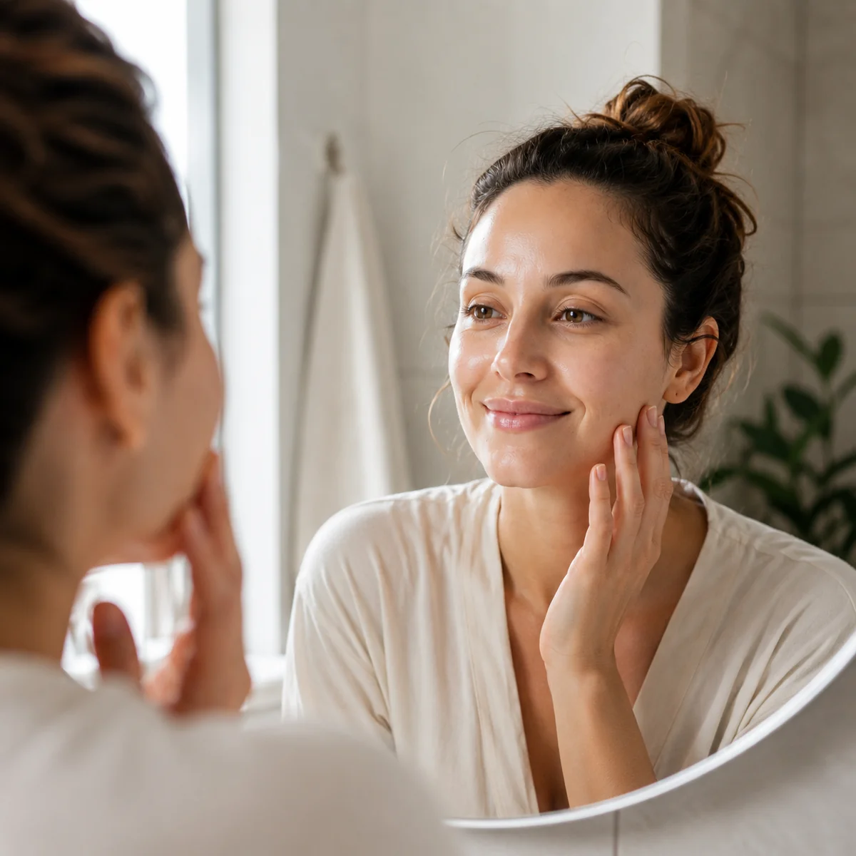 Woman smiling at her plump, glowing skin in the morning mirror after removing an overnight gel mask