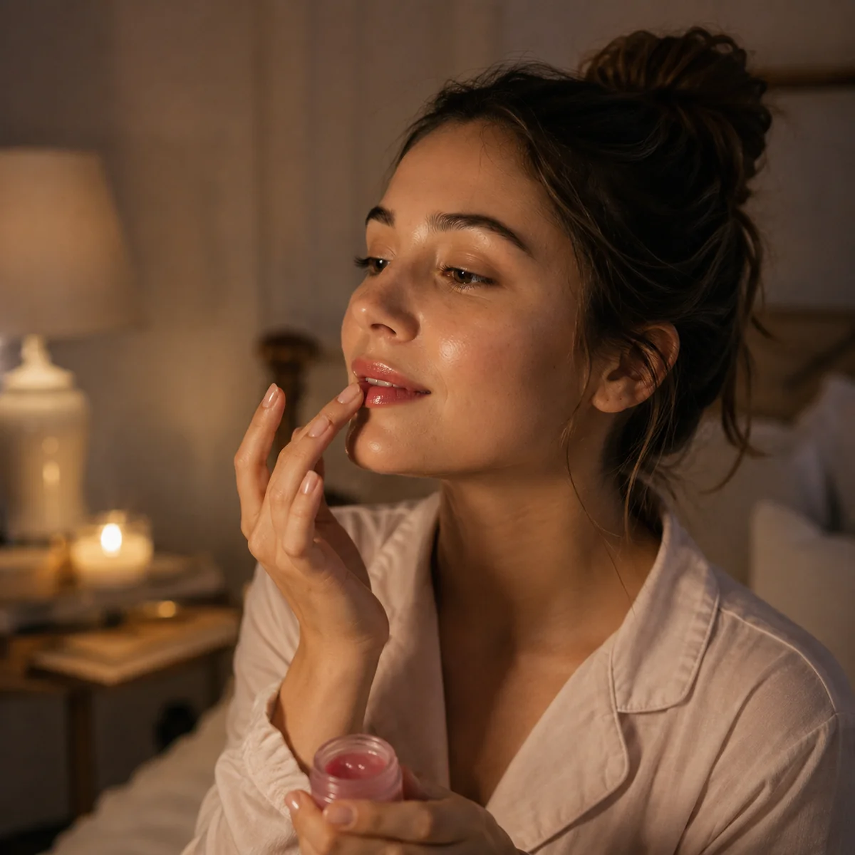 Woman applying a berry-toned lip sleeping mask before bed in a softly lit bedroom