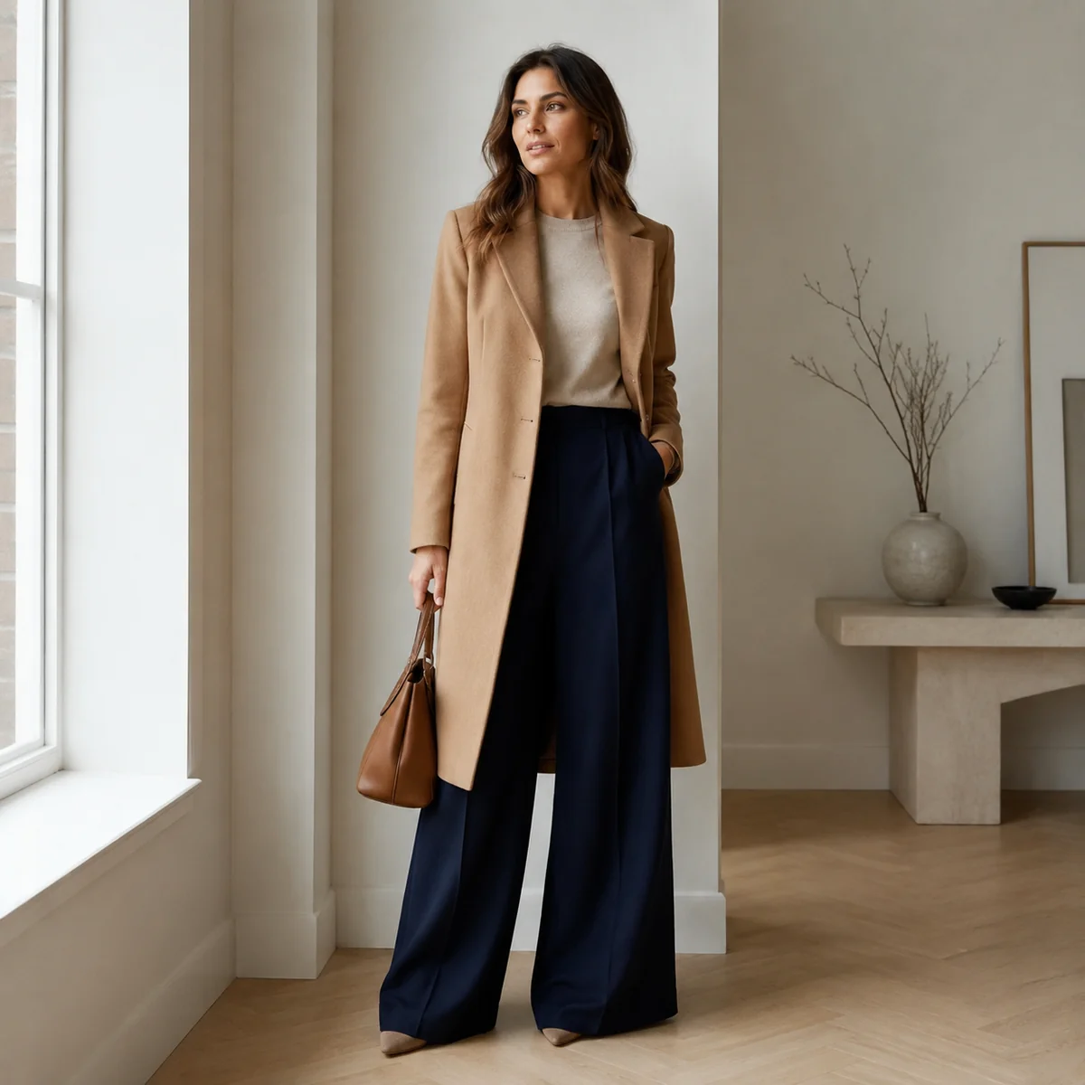 A woman in a tailored camel coat and deep navy trousers standing in a minimal neutral interior, looking polished and composed