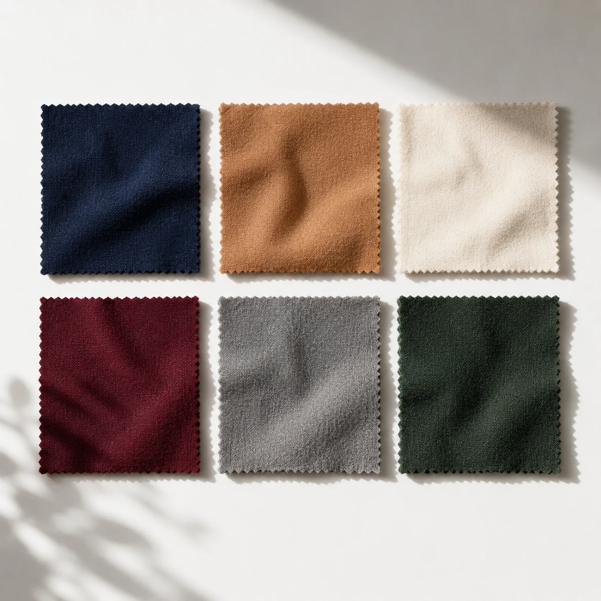 Color palette showing six swatches: deep navy, camel, ivory, burgundy, soft gray, and forest green arranged cleanly on a white background