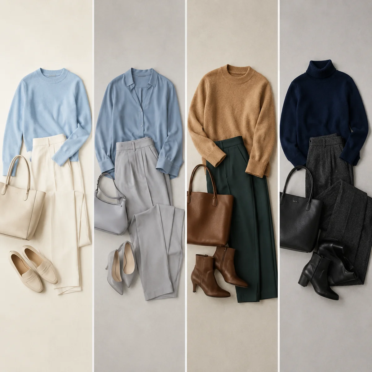 Four outfit examples styled for each personal color season showing different versions of navy, camel, and green suited to Spring, Summer, Autumn, and Winter
