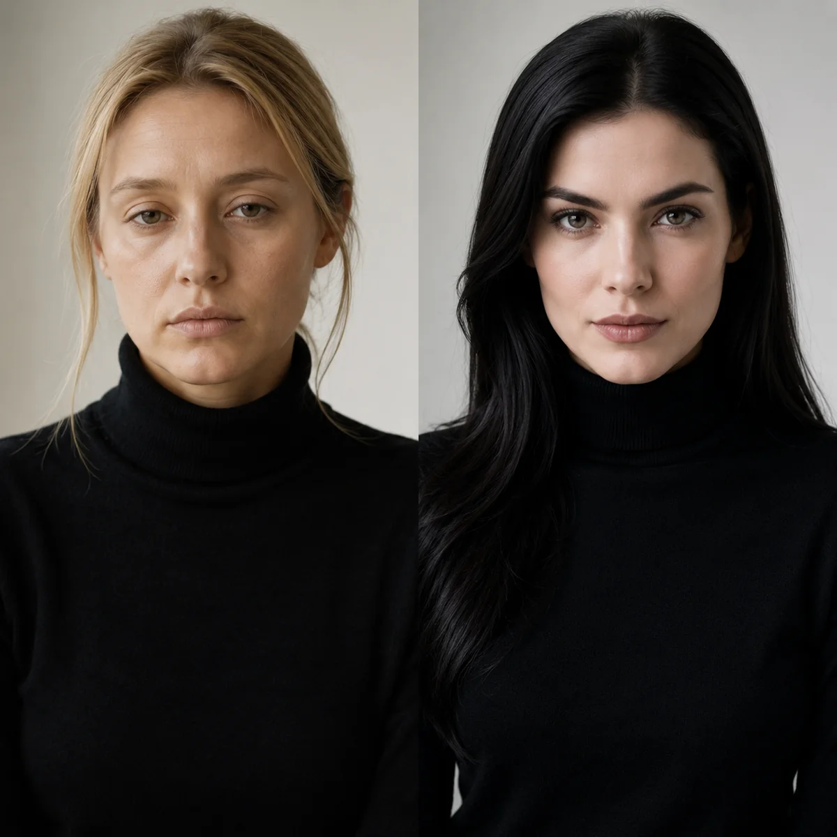 Two women in black — warm light features looking washed out versus cool high-contrast features looking sharp