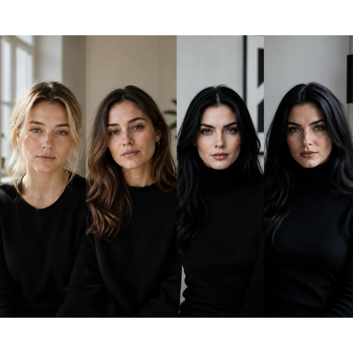 Personal color comparison showing Spring and Autumn types looking washed out in black outfits versus Winter types appearing sharp and defined wearing black