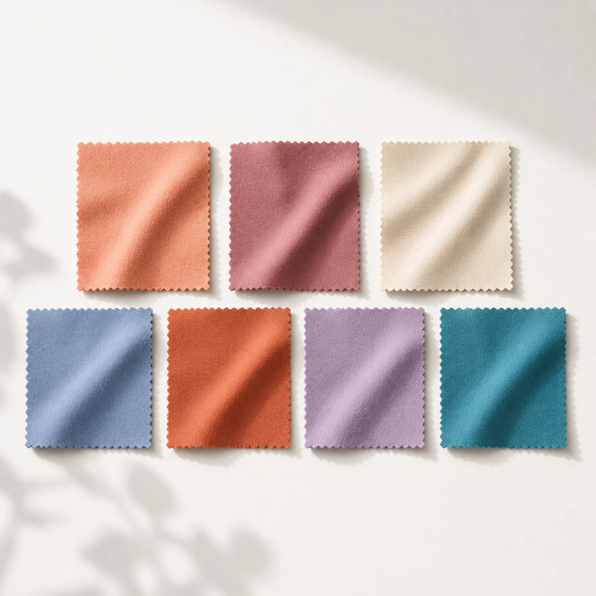 Color palette showing all seven skin-brightening colors: peach, dusty rose, warm ivory, periwinkle, terracotta, soft lavender, and clear teal on a clean white background