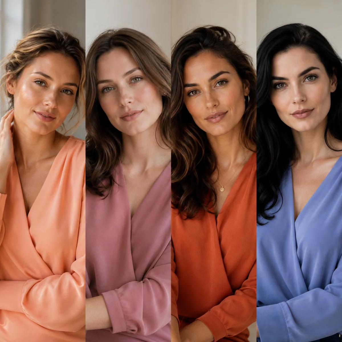 Four women each wearing one of the seven skin-brightening colors suited to their personal color season, each looking luminous and clear-skinned in natural light